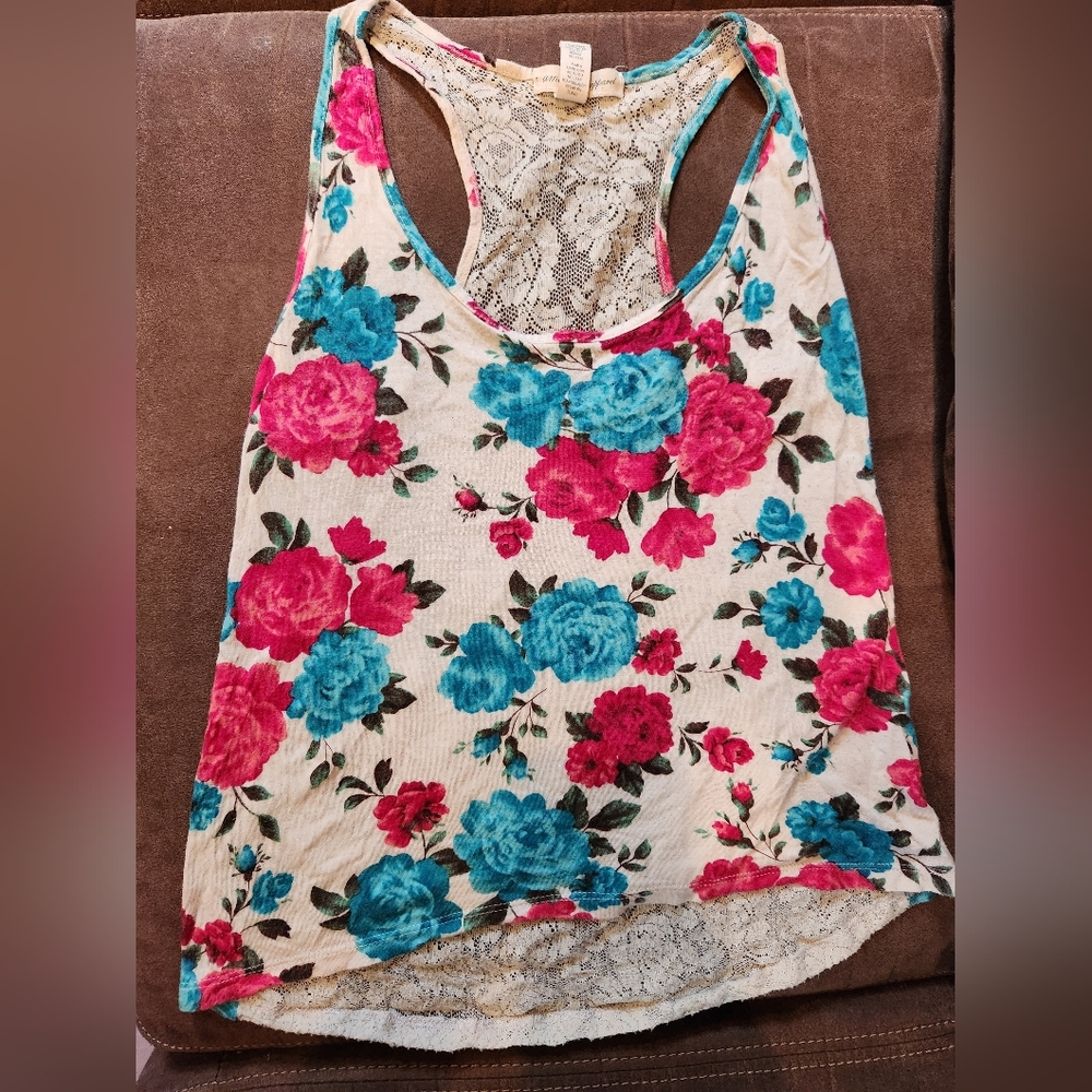 Teal & Hot Pink Rose Lace-Back Tank Top Sz. S